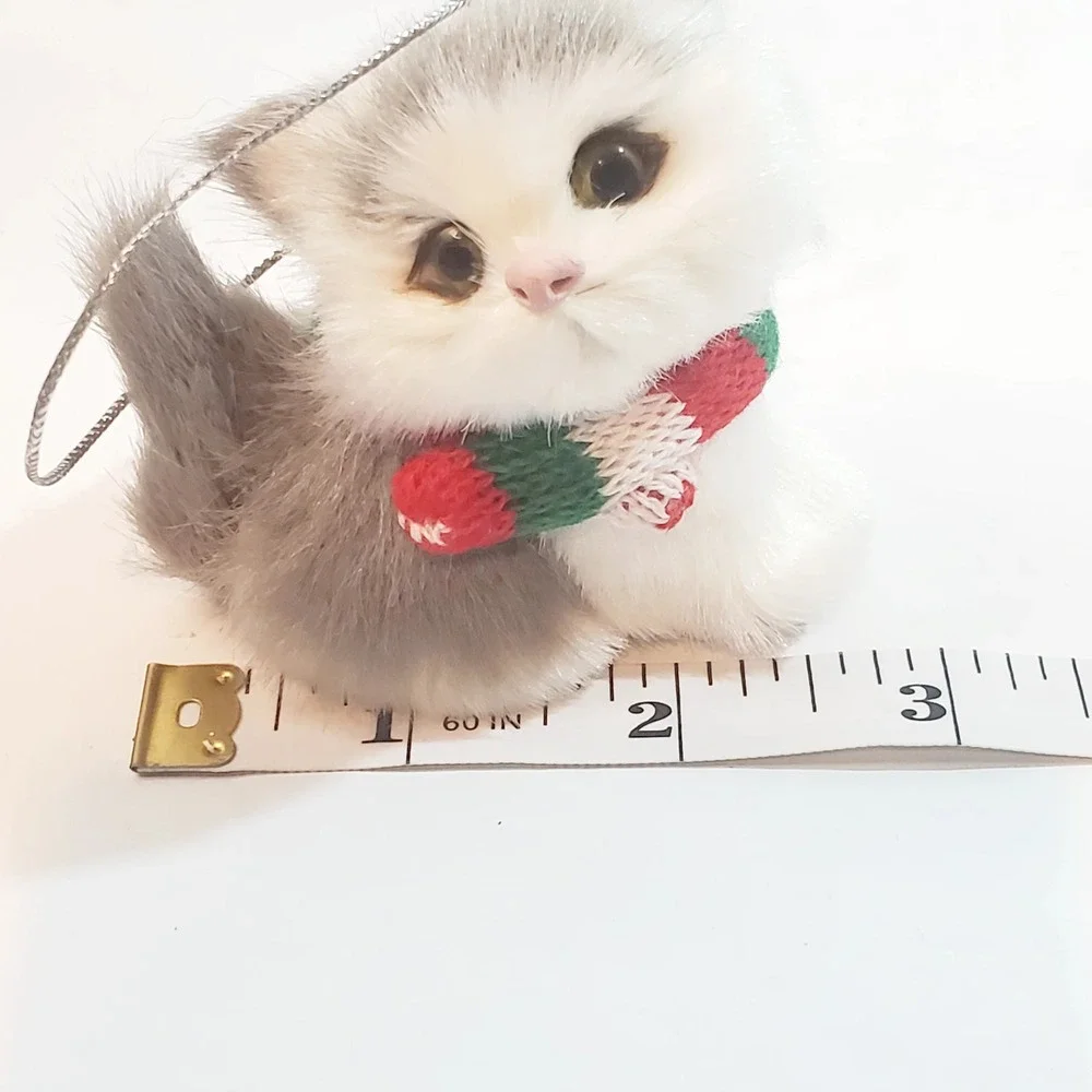 Faux Fur Kitten Miniature Christmas Ornament Cat Kitten Glass Eyes Gray & White